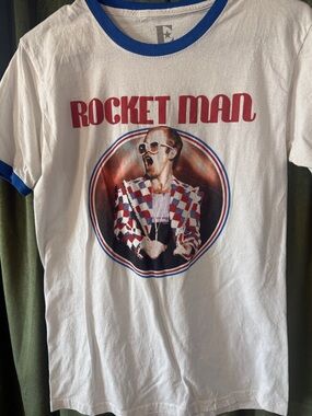 White "Rocket Man" Graphic Ringer T-Shirt - Blue Trim last tour in USA